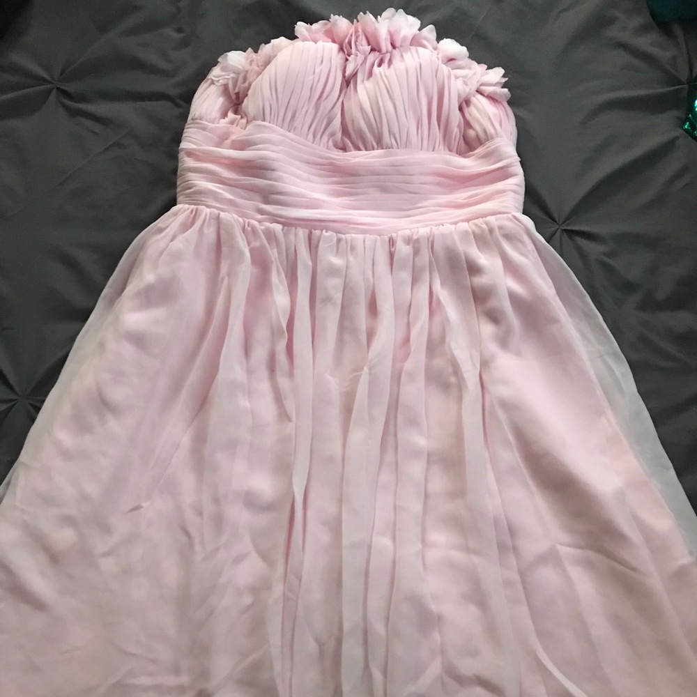 Pink strapless bridesmaid dress w/ floral appliqué